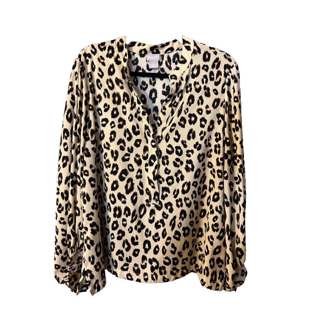 Chico's Blouse Top 2 Large Animal Print Brown Gold Black Long Sleeve Washable
